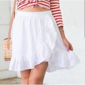 J. Crew Linen Ruffle Skirt Sz 0 White Faux Wrap Side Zip‎ Summer Coastal Grandma